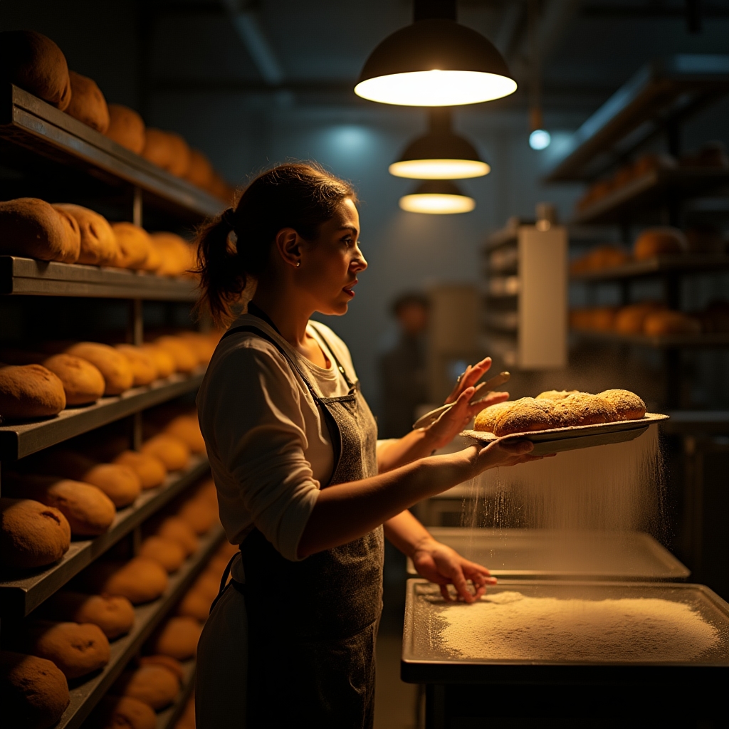 Producción de panadería durante turno nocturno en cocina industrial